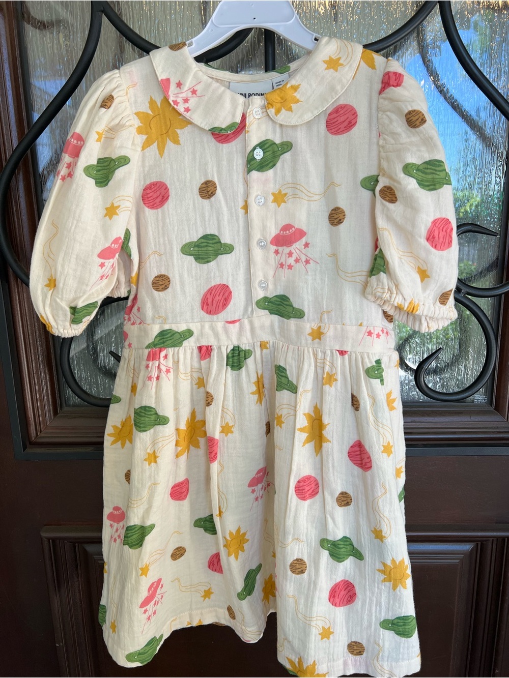 Mini Rodini Cream Dress with Pink, Green & Yellow Space Motif - NWT - 7-9Yrs